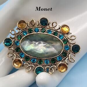 Vintage Monet Brooch, Light Green Teal Blue Accents, 1990s, 2 Inches